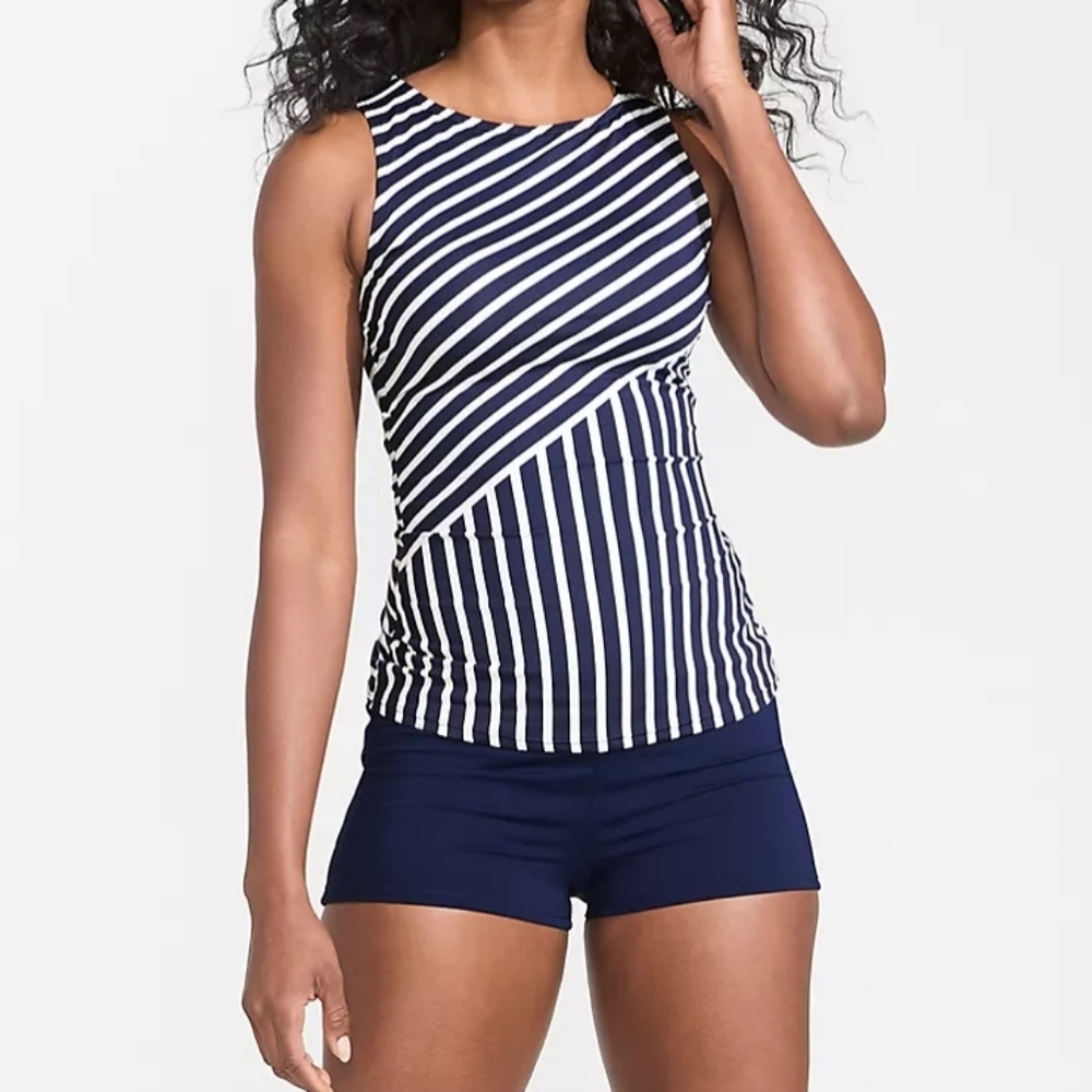 Lands' End 20W Deep Sea Blue Mixed Diagonal Stripe Tankini Top 0622-X